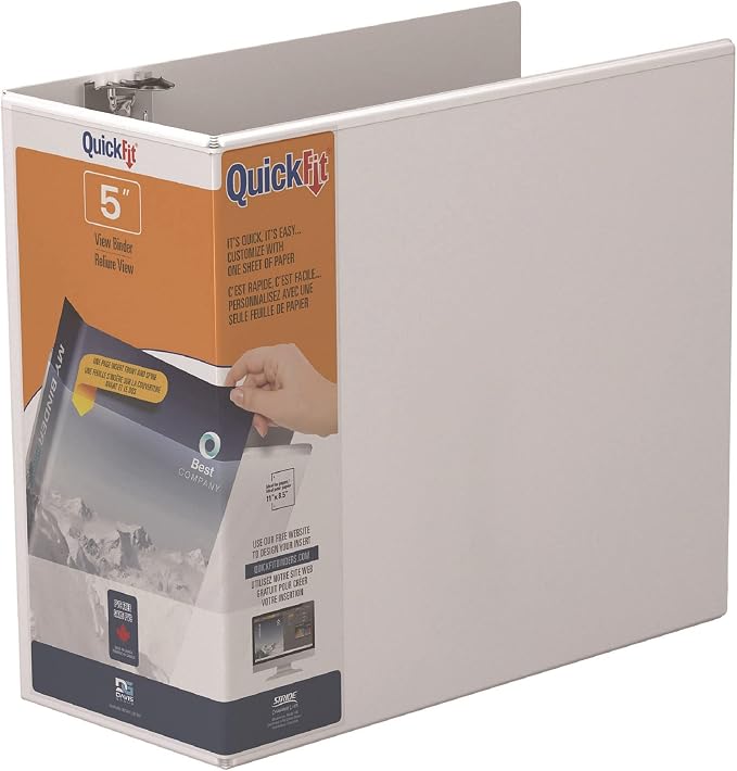 QuickFit View Binder, 3-Ring Binder for School or Office, D Ring, White, Single, 5 Inch