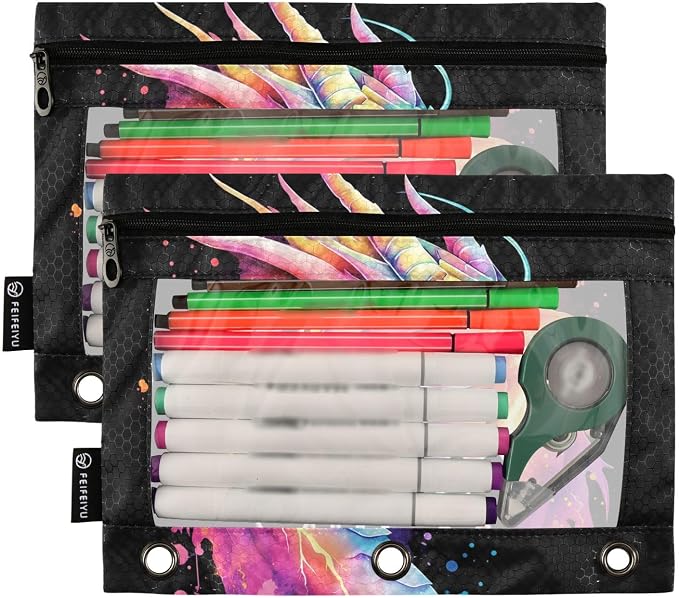 Custom Lightning Dragon Watercolor Pencil Pouch for 3 Ring Binder, 2 Pack Personalized Name Waterproof Pencil Bags Clear Window Pencil Case School Office Supplies