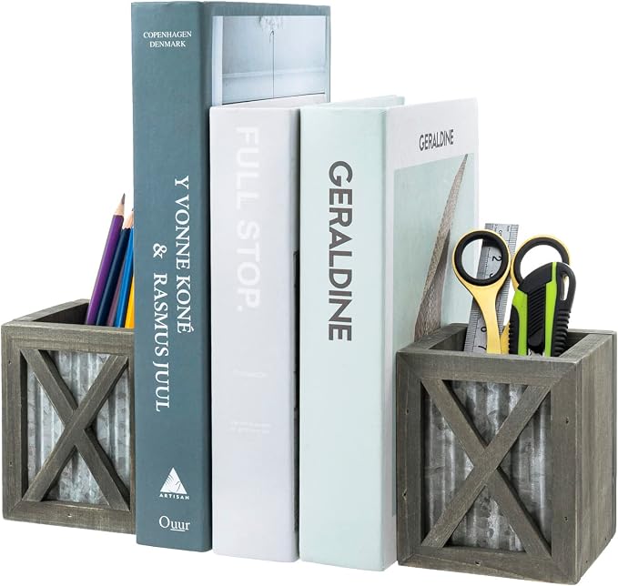 MyGift Gray Wood Bookends with Pen Holder, Galvanized Metal Accent | Integrated storage compartments organize writing utensils and office supplies while supporting books on desks, shelves