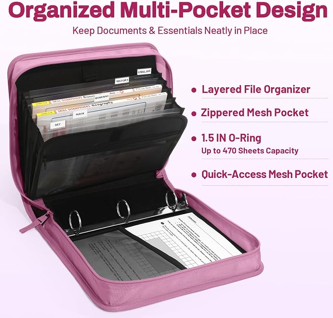 Zipper Binder with Handle, 1.5 Inch O-Ring, 325 Pages Capacity, with 5-Tab Expanding File Folder for Classified Storage, Small Size Lightweight Zipper Bag for Middle School Students, Grape Purple