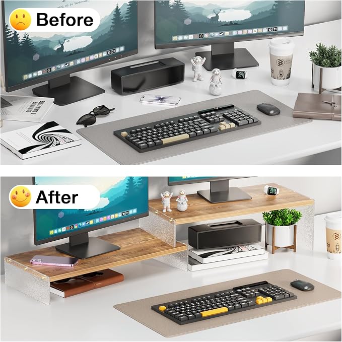 YGYQZ Adjustable Monitor Stand Riser, 9.4" ×19.3" Dual Monitor Desk Stand | Adjustable Monitor Riser, Expandable Desk Organizer, 2-Tier Storage, Acrylic Legs, Ergonomic Workspace, Wood Glacial Striae