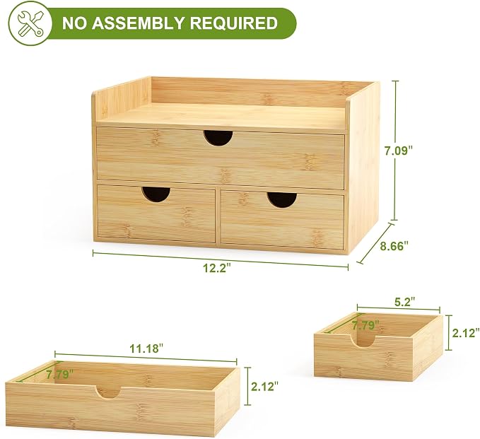 Bamboo Desk Organizer with Drawers, Desktop Storage Box for Office Supplies | 3 Drawers Desktop organizer, No Assembly Required, Natural Wood Wooden Desktop Drawers for Bills, Cosmetics, Seals, Paper
