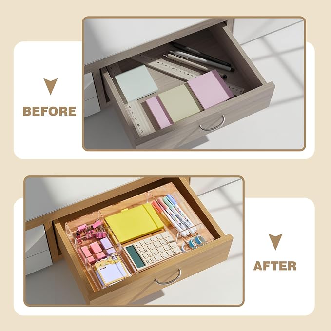Briwooody 2 Pcs Clear Acrylic Desk Drawer Organizer 12 x 8 x 1.77 Inch Drawer Organizer Trays with 6 Compartments Desk Accessories for Office Makeup Silverware Bathroom