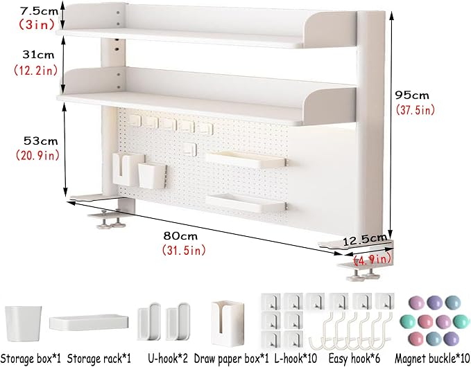 31.5 Inch Clip-on Desktop Organizer Bookshelf with Pegboard, Desk Shelf Organizer, Multipurpose Computer Desk Desktop Bookshelf, Desk Extender Pegboard Clamp, Desktop Display (White)