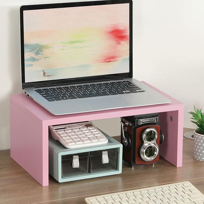 TEAMIX Pink Monitor Stand - 6.7 inch Tall, Wood Riser, Desktop Organizer