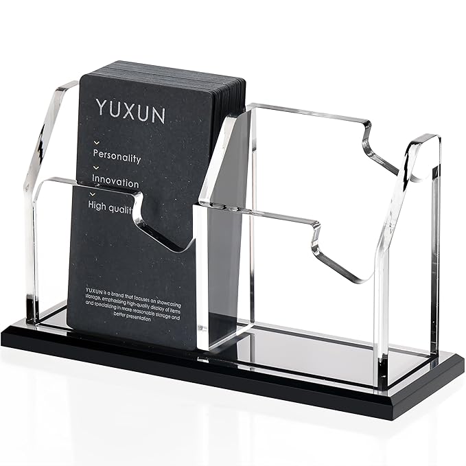 YUXUN Business Card Holder for Desk Vertical 1 Tier 2 Slot ,Black Acrylic Business Card Display Stand for Men & Women,Desktop Business Card Organizer for Office Home Exhibition, 100 Card Capacity