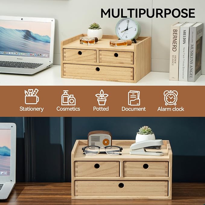 KIRIGEN Wooden Desk Organizer with 3 Drawers and Top Tray Natural DT2D3C-NA | 3-Drawer Cabinet with Top Shelf Stores Papers, Office Supplies, Cosmetics, Crafts, and Small Accessories on Desks or Counters