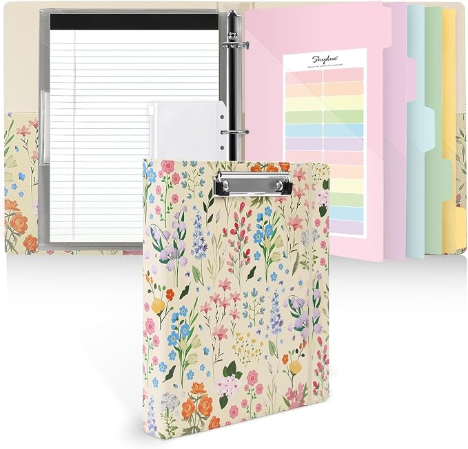 SKYDUE 1 Inch 3-Ring Binder with Clipboard, PU Aesthetic Binder with 5 Dividers, Notepad, Stickers & Pockets for Work and School (Letter Size)