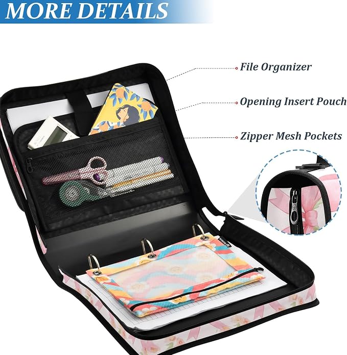 Watercolor Flowers and Pink Bows Zipper Binder with Shoulder Strap Bag 3 Ring Binder Organizer Large Capacity Multiple Compartments for School Office