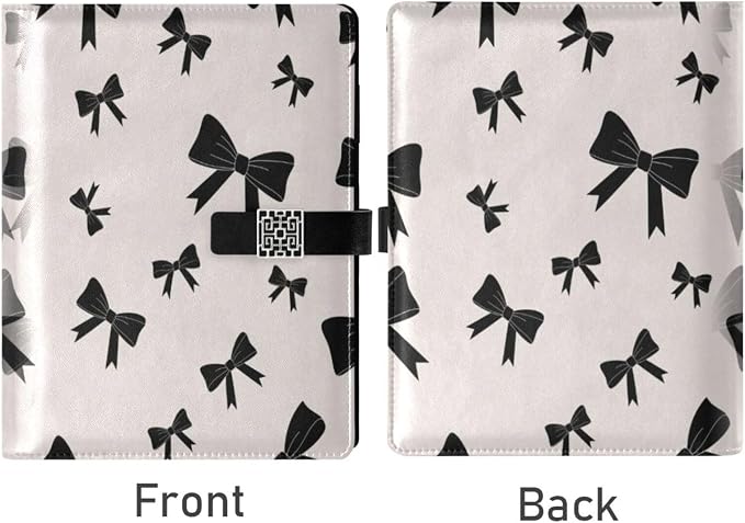 Black Bow Pattern White PU Leather Notebook A5 Binder 6 Ring Refillable Journal with Magnetic Buckle Closure Loose Leaf Travel Office Planner Budget Binder Notepad Portfolio,