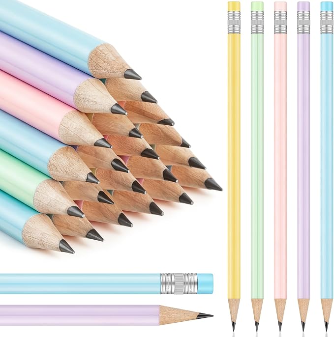Outus 24 Pieces Round Pencils Cute HB Graphite Wood Pencils Bulk with Eraser for School Writing Drawing Sketching Wedding Office Supplies(Pastel)