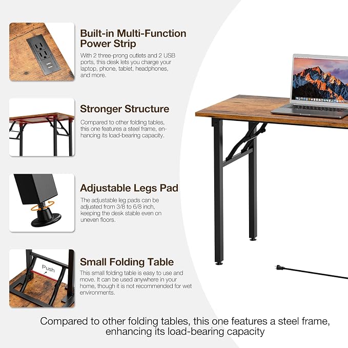 TEMI Small Computer Desk Folding Table - No Assembly, Compact 44.3" Foldable Desk with Power Outlets & USB Charging Port, Portable Small Office Desk, Ideal Mini Study Table for Narrow Spaces, Brown