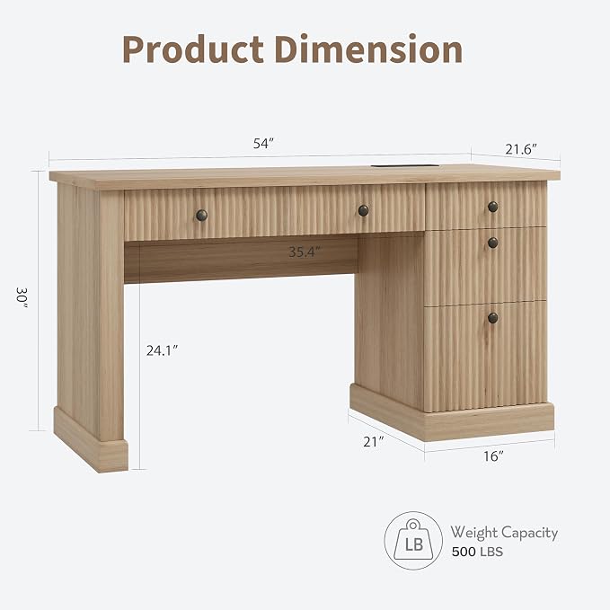 54" Fluted Home Office Desk, Oak Modern Executive Desk for Home Office | 1 File Drawer, 3 Drawers, Charging Station, Retro Metal Knob, Ball-Bearing Sliderails, Wooden Computer Desk, Writing Desk