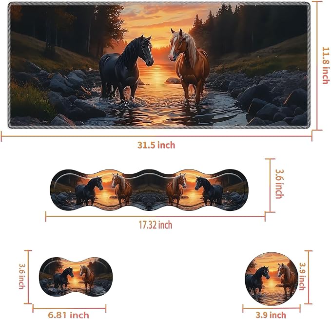 Desk Mat Large Gaming Mouse pad Set 31.5x11.8 inch [4in1Mousepad + Keyboard Wrist Rest+Mouse Wrist Rest+Coaster ] with Ergonomic Desk Pad for Home Office Table Computer - Oil Art Horse