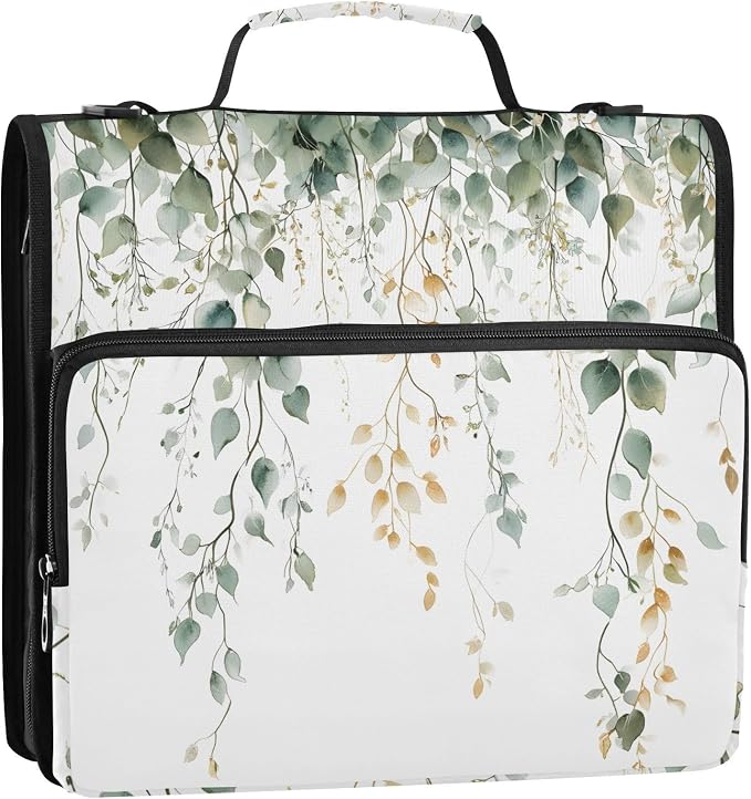 Green Sage Leaves 3 Ring Binder Bag 1.5 inch Binder Organizer with Zipper Shoulder Strap 500 Sheet Documents Storage for School Office