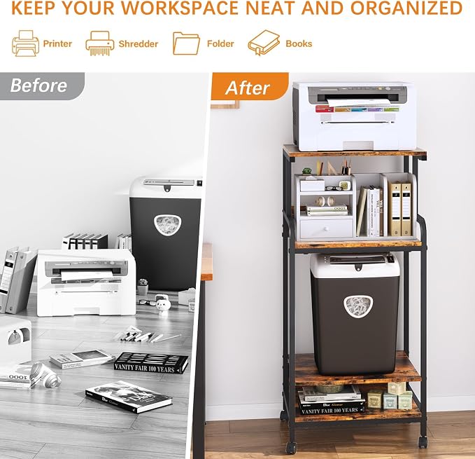Arbuxzuy 4 Tier Printer Stand with Storage Shelf, Large Tall Printer Cart with Wheels, Mobile Printer Table for Home Office, Adjustable Stands for Heat Press Scanner Fax (Brown)