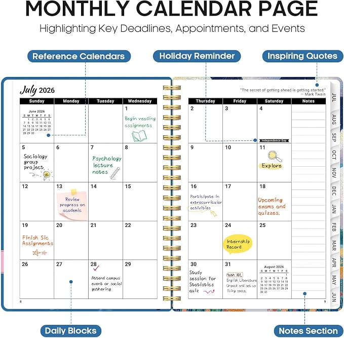 Planner 2026-2027, Monthly & Weekly Jul 2026-Jun 2027 Planner Calendar