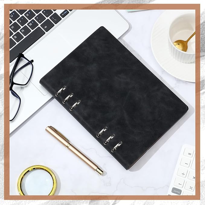 Henoyso 4 Pcs A5 Binder 6 Ring Notebook, Refillable Planner Binder, Small Leather Writing Journal with 100 Sheets Paper, Professional Notebook for Office School Supplies, Budget, 9 x 6.49 Inch, Black