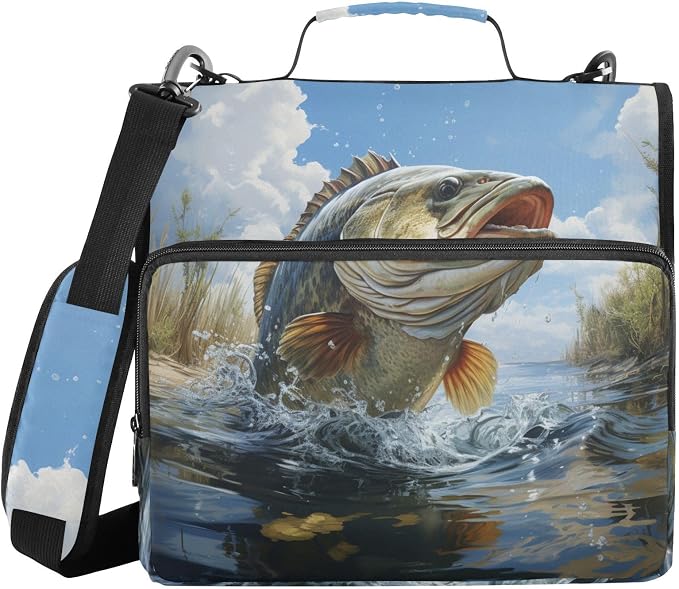 Bass Fish Binder Bag 3 Ring Zipper with Handle Shoulder Strap | for School Work Office Organizer Storage Case