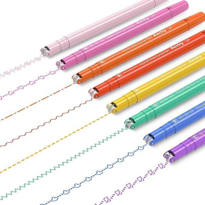 AECHY 8PCS Curve Highlighter Pen for Note Taking, Dual Tip Pens with 8 Different Curve Shapes & 8 Colors Fine Lines, Colored Curve Pens Set for Kids Journaling Back to School Supplies