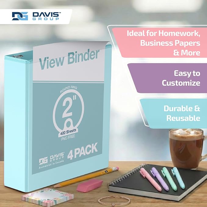 Pack of 4 Premium View Binders, Ring Binders with Clear-View Cover and Interior Pockets, Pastel Color Options, 2 Inch, Assorted