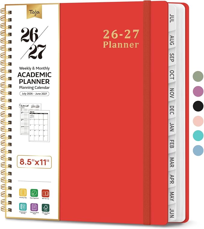 Taja Planner 2026-2027, 8.5" x 11" Calendar Planner, Jul 2026-Jun 2027 | Letter Hardcover Weekly & Monthly Academic Planner, Large Planning Agenda With Tabs, School & Office Supplies, Tomato Red
