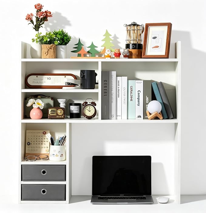 deli Desktop Bookshelf, High-Capacity Desk Hutch Organizer, White | with 7 Shelves and 2 Drawers for Computer Desk, Desk Shelf Organizer for Dorm Office Home