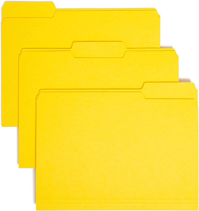 Smead Interior File Folder, 1/3-Cut Tab, Letter Size, Yellow, 100 per Box, Expandable File Folders for Filing Cabinet