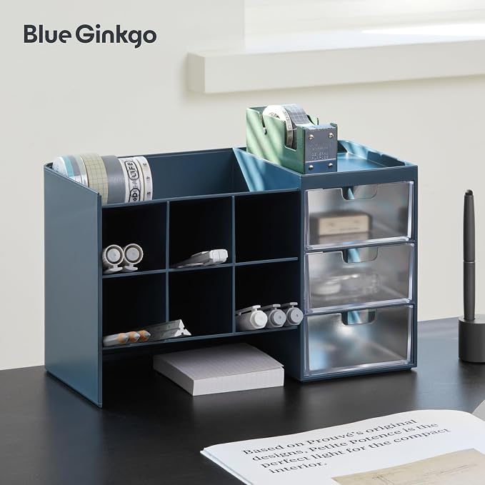 Blue Ginkgo Stackable Desk & Pen Organizer, Blue, Made in Korea | Multi-Compartment. 3 Drawers. Easy Access.