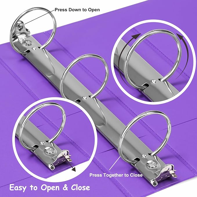 COMIX Sturdy 1.5 Inch 3 Ring Binder with Clear View Cover | 1.5"Heavy Duty Round Ring,PVC-Free Board,Holds 300 Letter Sheets,Wholesale for Offices & Classrooms,6 Pack (Purple)