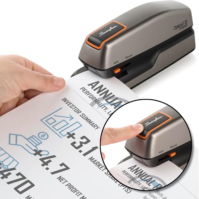 Swingline Electric Stapler, 20 Sheet Capacity, Optima 20, Jam Free, Compact, Automatic or Manual, Plug In or Battery, Orange and Gray (48207)