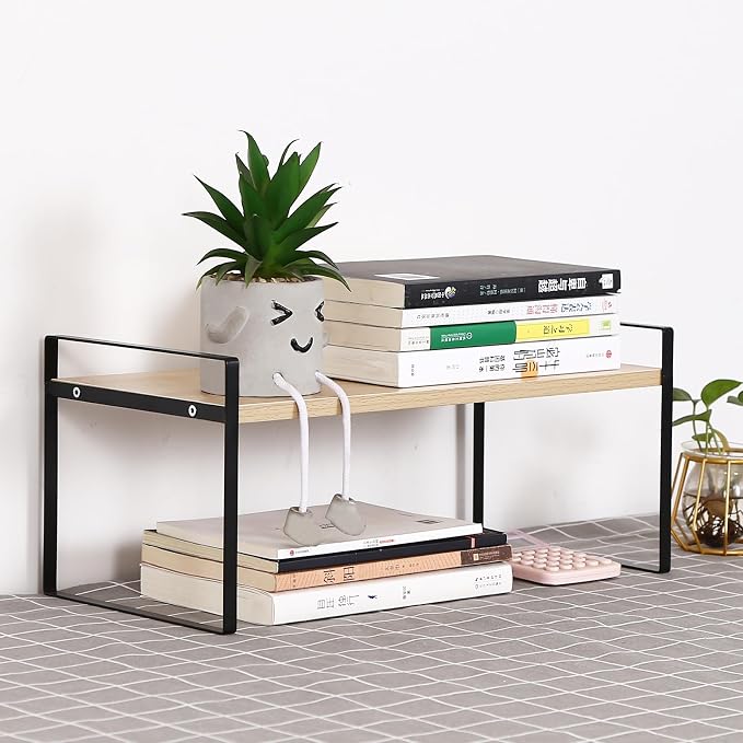 YGYQZ Desk Shelf Organizer, 1-Tier Desktop Bookshelf, Black & Wood | Cute Minimalist Style, Modular Desktop Storage, Space-Saving Organization, Ideal for Office & Dorm