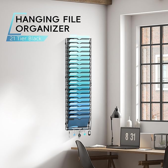21-Tier Wall File Organizer and Mail Organizer with 5 Hooks, Black | Label slots, curved openings, 5 key hooks, and a bottom tray support organized mail, file, and everyday item storage.