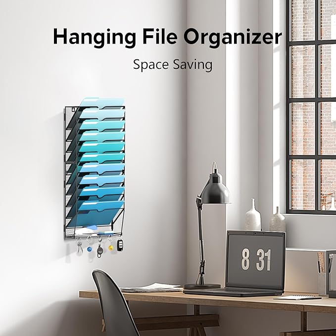 11-Tier Wall File Organizer and Mail Organizer with 5 Hooks, Black | Label slots, curved openings, 5 key hooks, and a bottom tray support organized mail, file, and everyday item storage.