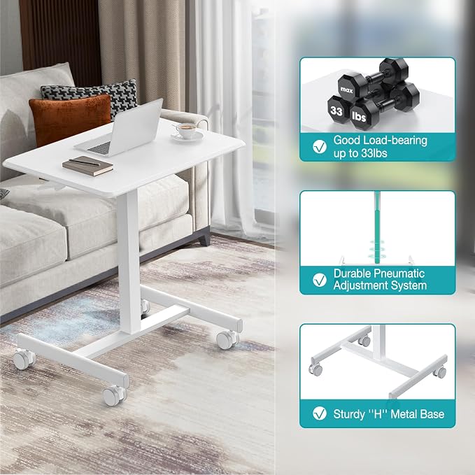 DUMOS Small Standing Desk with Wheels, Laptop Desk, 19 Inch | Portable Rolling Design, Adjustable Height Workstation, Home Office Mobile Station, White
