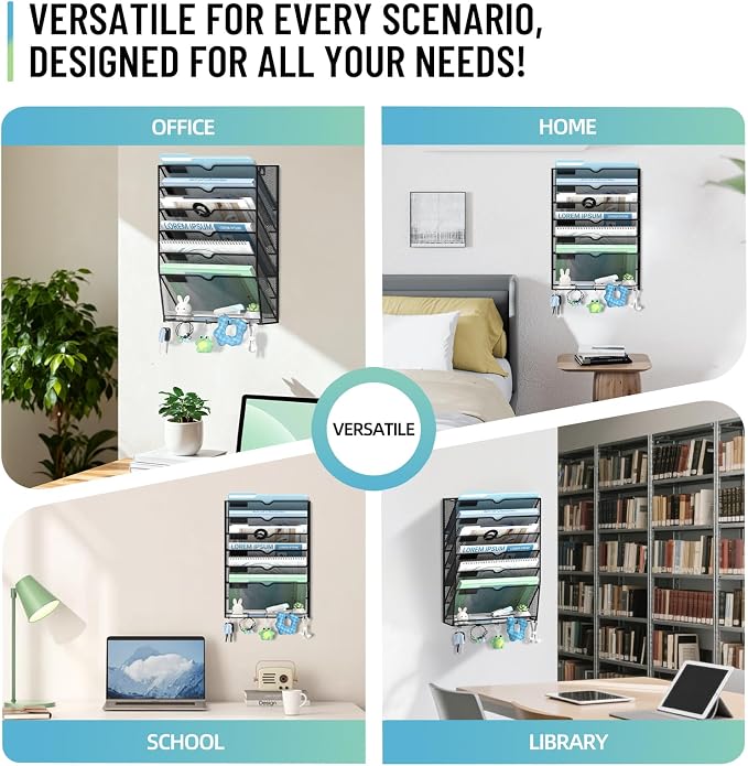 7-Tier Wall File Organizer with 5 Hooks, Wall Mounted Mail Organizer | File Holder Organizer, Metal Mesh Office Wall Organizer for Home, School & Classroom