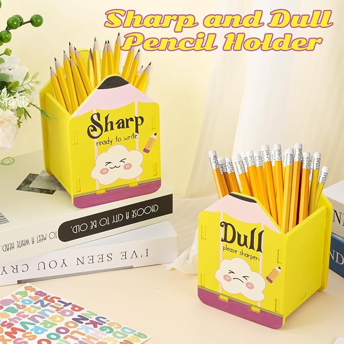 2 Pcs Pencil Shaped Holder Wooden Sharp and Dull Holder Cute Wood Pencil Dispenser for Back to School Classroom Students Teachers Office Desk Organization Accessories