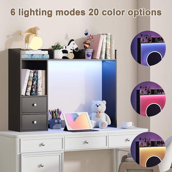 ChooChoo Desktop Bookshelf with LED Lights and 4 Shelves | 36.6", 2 Drawers, Fits 27" Monitor, Desk Organizer Shelf, Dorm Office Home, Black