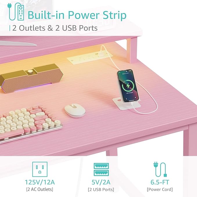 Lufeiya Small Girls Desk with Power Outlets and LED Lights, 32 Inch Gaming Desk Table with Charging Station, Home Office Computer Desks with Monitor, Pink