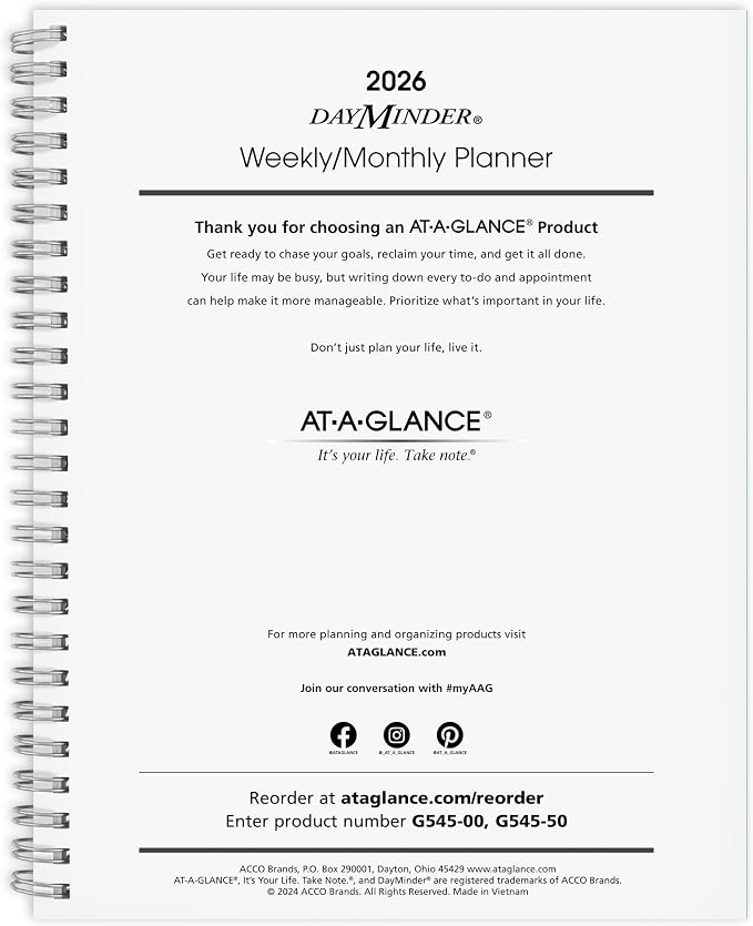 AT-A-GLANCE 2026 Planner Refill, Weekly & Monthly, 7" x 8.75", Medium, Executive, DayMinder, Refill for G545 Line Planners (G5455026)