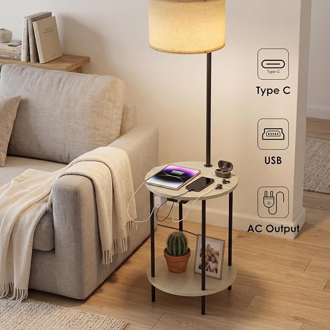 ONEWISH Floor Lamp with Table, USB/Type-C/AC Charging Ports, 9W LED Bulb, Round Table & Nightstand for Bedroom & Living Room (White)
