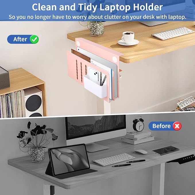 LUKETURE Desk Side Storage, 2 Tie Laptop Holder No Drill Clamp On Organizer | Sturdy Steel Double Tier Strong, Magnetic Pen Holder, No Drill Clamp for Standing Desk Organizer, Fits 0.3-2.8"