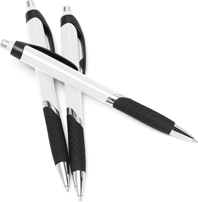 DISCOUNT PROMOS Ballpoint Pens With Rubber Grip - 10 pack - Black Ink Ball Point Pen with Soft Touch Plastic - White