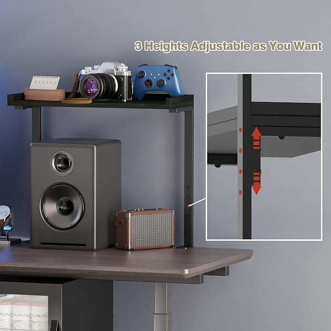 Clamp On Desk Shelf 2-Tier, 16.5 in Wood Shelving Unit for Office Desk/Gaming Accessories, Tabletop Book Storage Rack, Shelf for Top of Desk, Black