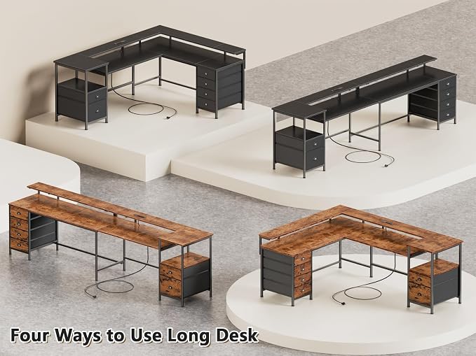 Furologee 66'' L Shaped Gaming Desk with 6 Drawers, LED, Outlets, Black | Reversible Large Corner Computer Desk with Printer Storage Shelves, LED Lights, Monitor Stand for Home Office, Working Study