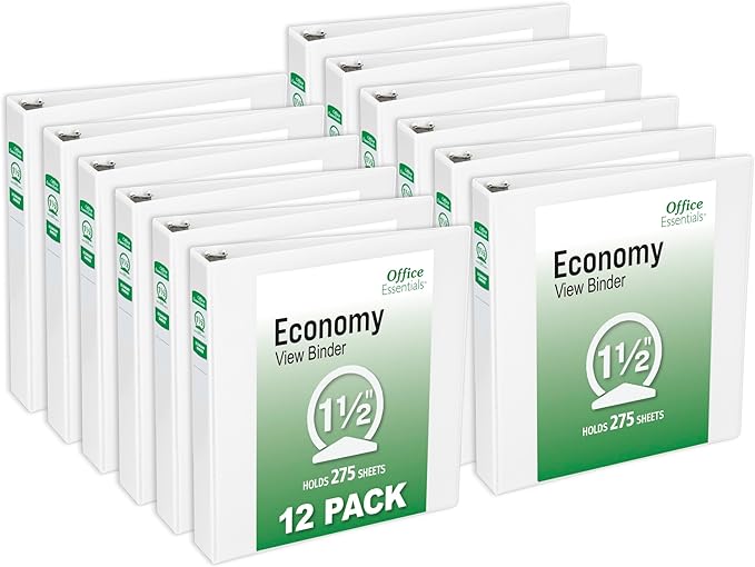 Office Essentials Economy View 3 Ring Binders, 1.5" Round Rings, 2.1" Spine, 275-Sheet Capacity, White Binders (12-Pack of 03426)