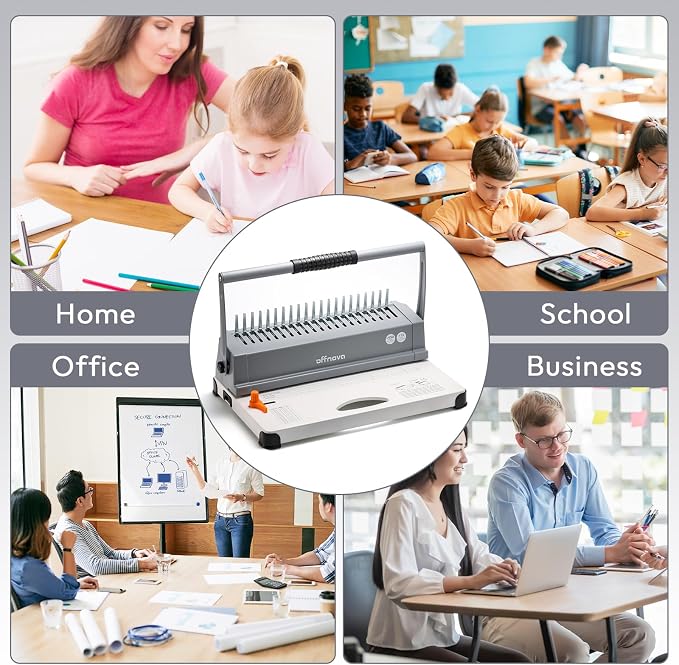 OFFNOVA Binding Machine, 21-Hole 450 Sheets Paper Comb Binding Machine for Letter Size / A4 / A5 Paper, Easy to Punch Handle, Adjustable Margin, Book Binder with 100 PCS 3/8'' Comb Binding Spines