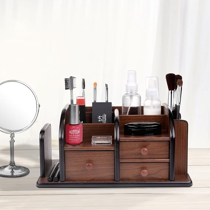Flexzion Wooden Desk Organizer w/Drawers - Classic Wood Office Supplies Accessories Desktop Tabletop Sorter Shelf Rack Cherry Brown Pencil Holder Caddy Set with 3 Drawers, 3 Compartments & 2 Shelves | Cherry Brown Table Caddy, 12 X 8 X 5.5 In, with 3 C...