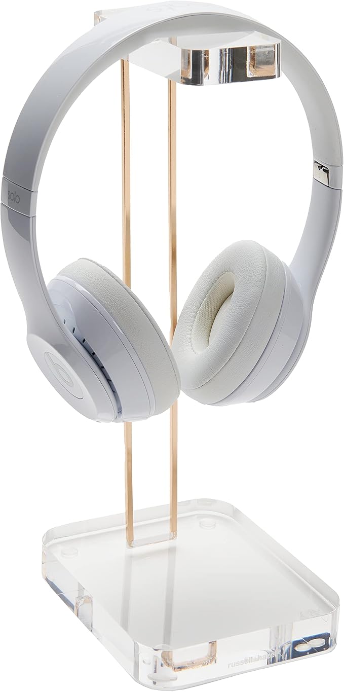 russell+hazel Acrylic Headphone Stand with Gold Hardware, Clear | Displays and stores headphones on a crystal-clear acrylic stand. Gold-toned hardware & polished edges dress up any workspace.