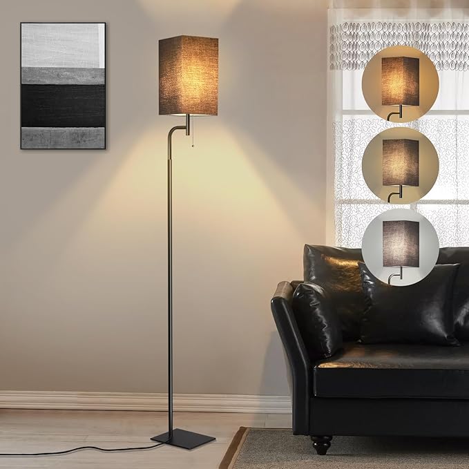 Modern Floor Lamp for Living Room, Black, 3 Color Temperatures, Linen Shade, Minimalist Design, Tall Lamp for Reading, Office, Bedroom | Solid Iron Flat Base, Fits Under Sofas, Compact Spaces, Living Room Bedroom Office